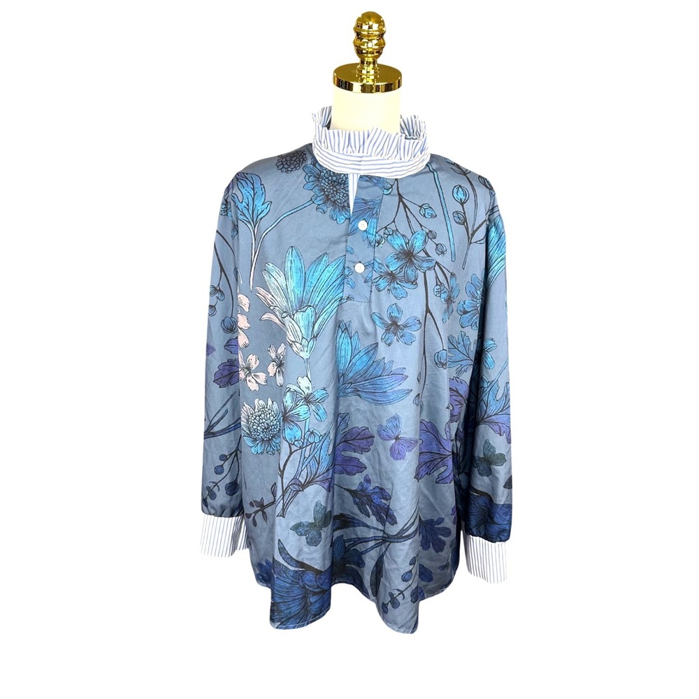 Cherybetty Floral Blouse Blue Striped Ruffle Collar Long Sleeve Cotton Top